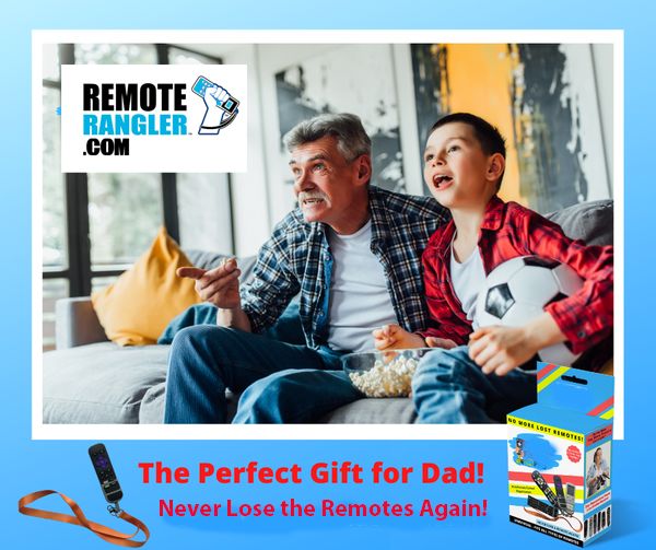 Grandfather and grandson watching TV on the couch, with the Remote Rangler retail box and orange lanyard