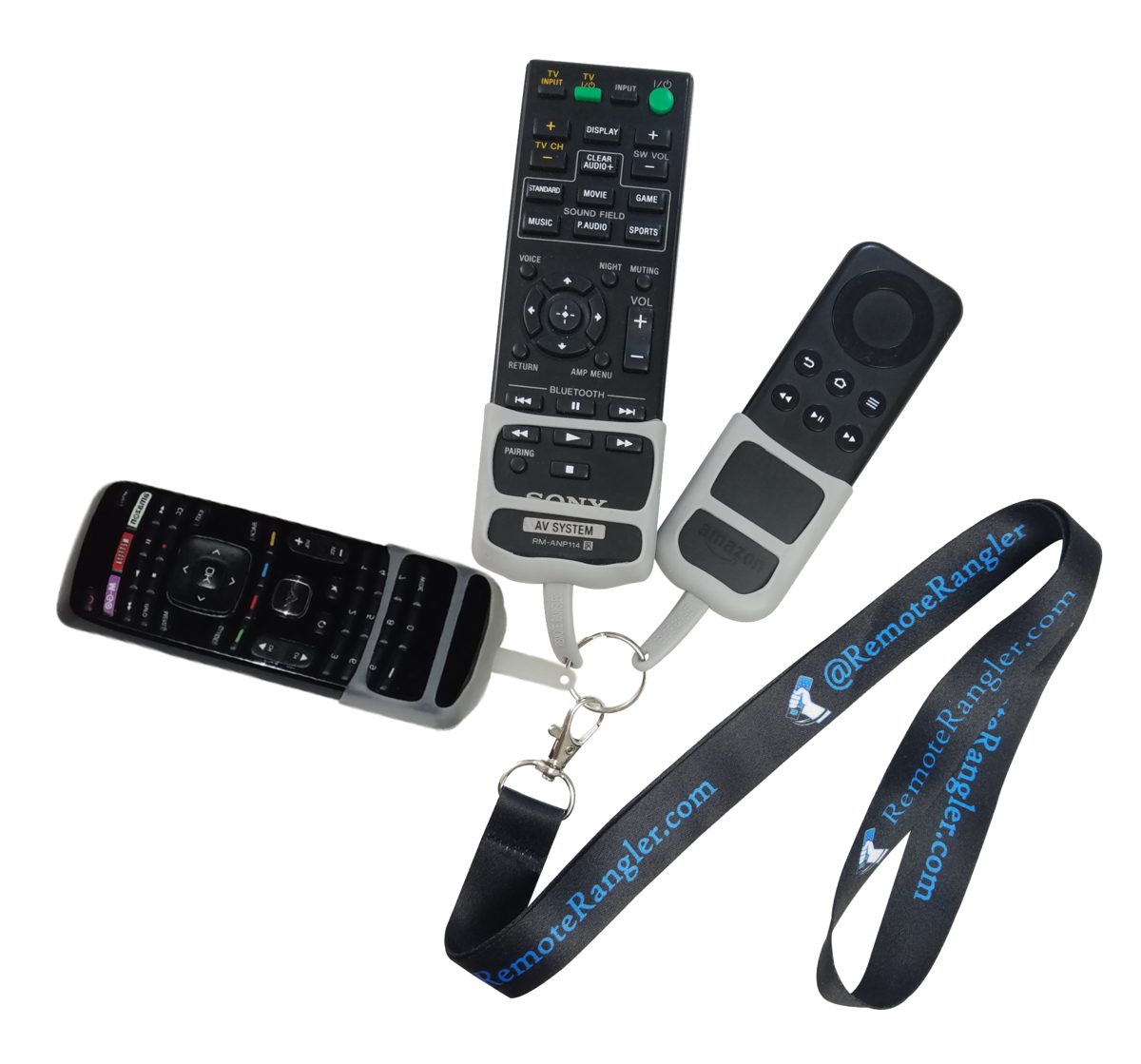 Remote Rangler holding three different remotes together on one lanyard