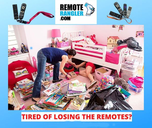 Parent searching a messy kids' room, with another person under the bed, looking for lost remotes
