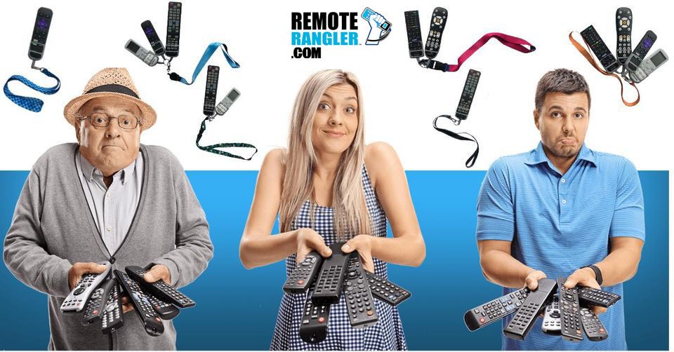 Three people holding armfuls of remote controls, with Remote Rangler lanyard sets that keep remotes together