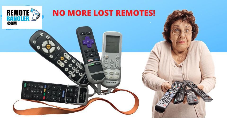 Four different remotes, including Samsung, Sony, Roku and cable remotes, attached to one Remote Rangler lanyard